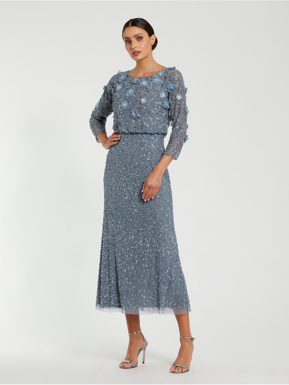 Mac Duggal 9373 Blue Floral Embellished Midi Dress With 3/4 Sleeves Size 18 NWT